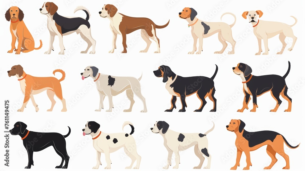 Doggies of different breeds walking and strolling. Bull Terriers, English Springer Spaniels, Scottish Deerhounds. Blue flat modern illustration isolated on white.