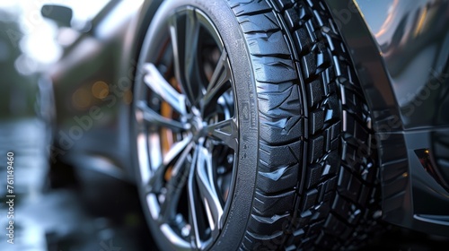 Detailed close-up of the wheel and tire of a modern sports car. Black luxury car with large alloy wheels. Shallow depth of field with focus on tire tread.
