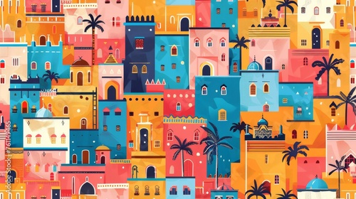 Moroccan architecture, seamless pattern. Medina and Marrakech buildings, repeated print for textile, wallpaper. Printable Marrakesh. Modern flat design. photo