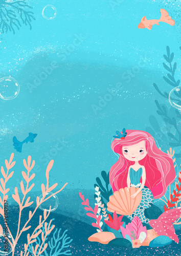 Festive nautical background with pink-haired mermaid holding a seashell  sitting on a rock and pink ocean style cake with fish and seaweed on white background. Background for an invitation card for a