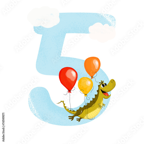 An illustration of the number five for a birthday party. A blue figurine with a picture of a green crocodile for a child's birthday or study. A crocodile flies on balloons. photo