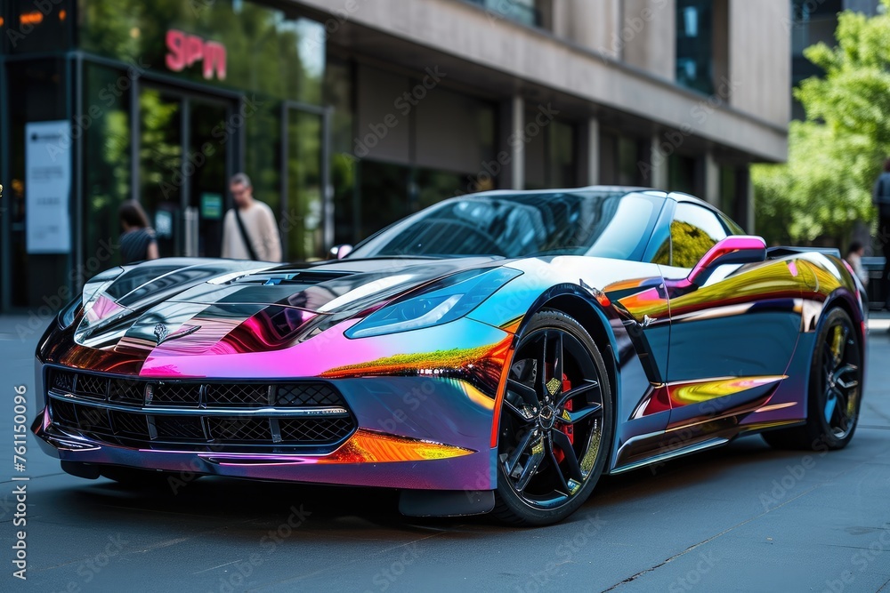 A vibrant sports car is parked elegantly on the side of the road, A sports car with a glossy metallic finish, AI Generated