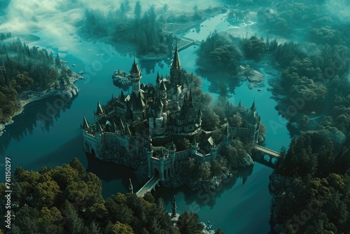 This aerial photograph captures a castle situated in the middle of a lake, showcasing its unique location and architecture, A sprawling fairy tale kingdom viewed from above, AI Generated photo