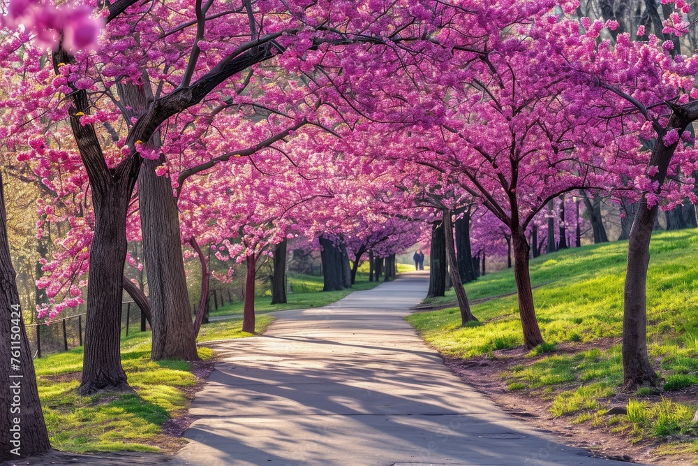 A picturesque street adorned with pink-flowering trees, creating a beautiful scene, A spring harmony of blossoming redbud trees lining a path in a city park, AI Generated