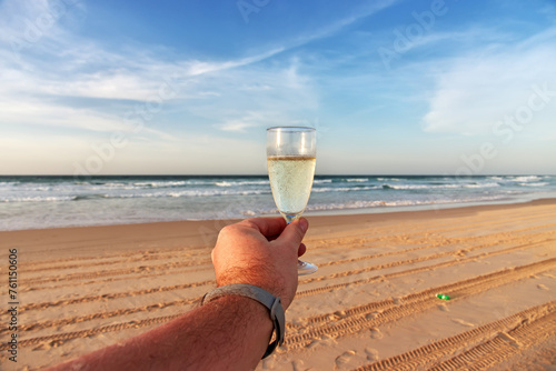 A glass of champagne, Atlantic ocean, close Lake Rose, Senegal, West Africa