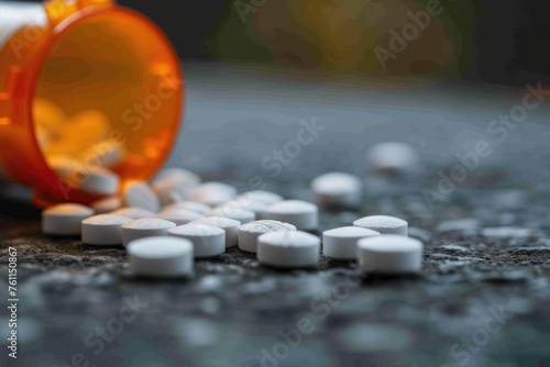 A detailed view of a pill bottle placed on a table as the main subject of the photo, A standoff between prescription opioids and healthy lifestyle choices, AI Generated