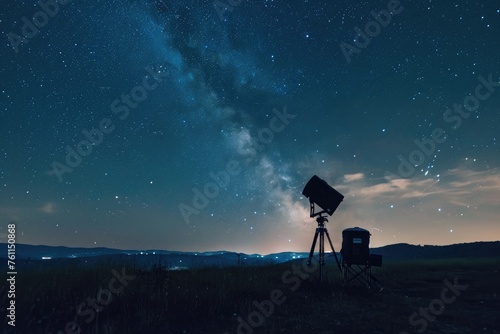 A telescope sits atop a field as it scans the starry night sky for celestial objects and phenomena, A stargazing setup in a dark field with a clear view of Milky Way, AI Generated photo