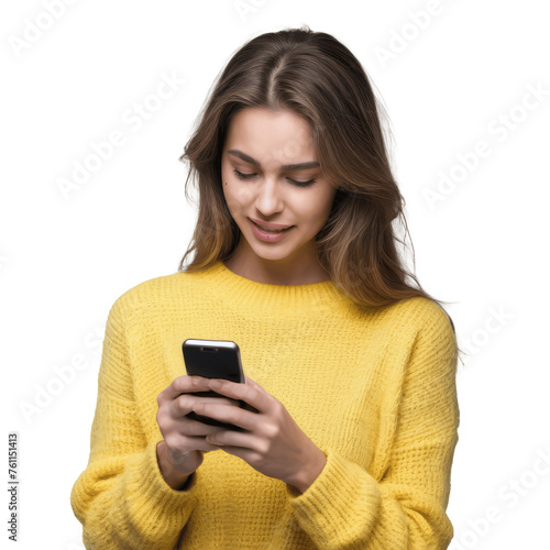 woman wearing yellow sweater texting on phone isolated on transparent background