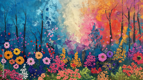 Surrealist colorful flowers in front of colorful trees