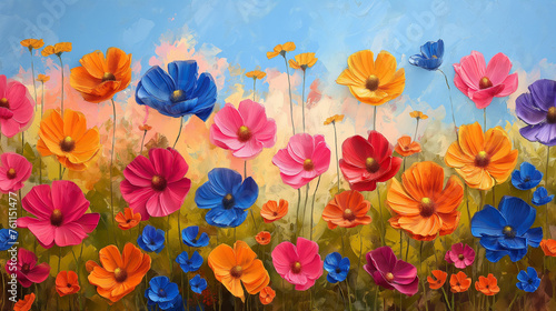 Colorful flowers on a meadow under the blue sky
