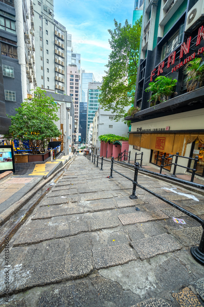 Road street view of Stone Slabs Street paved by granite stone steps in Pottinger Street old town Central, Hong Kong 