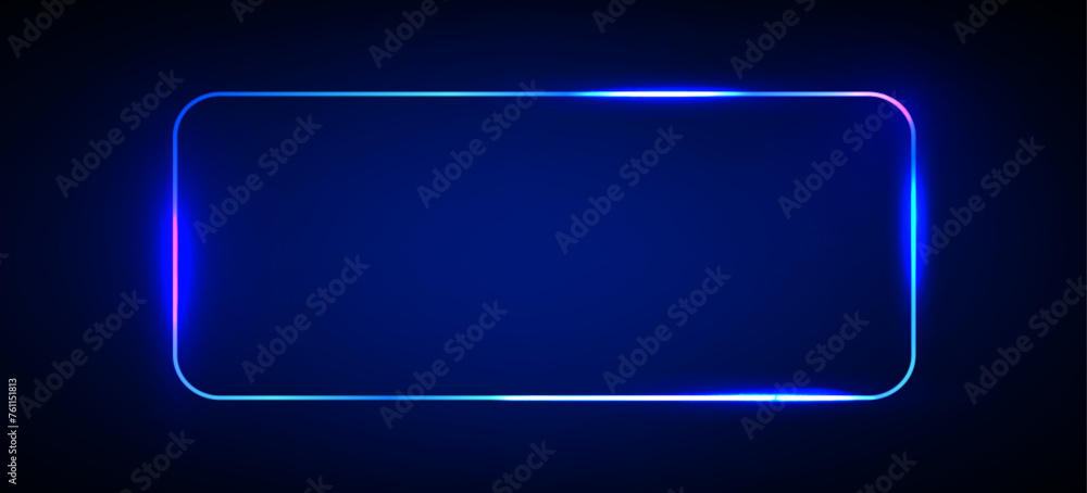 Blue neon light rectangle frame glow background. Led border line with laser shine effect banner. Abstract rectangular tech billboard design. Horizontal night music club party modern round signage.