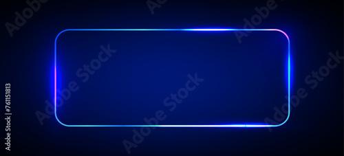 Blue neon light rectangle frame glow background. Led border line with laser shine effect banner. Abstract rectangular tech billboard design. Horizontal night music club party modern round signage.