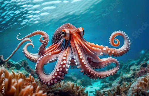 Close up portrait of a giant Octopus swimming in the ocean underwater. © Cagkan