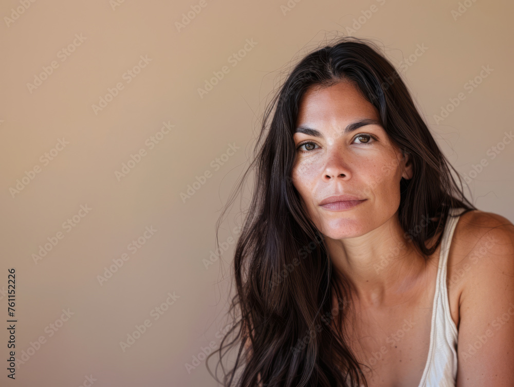 Woman portrait in her mid thirties isolated from a beige copyspace background Woman portrait in her mid thirties isolated from a beige copyspace background