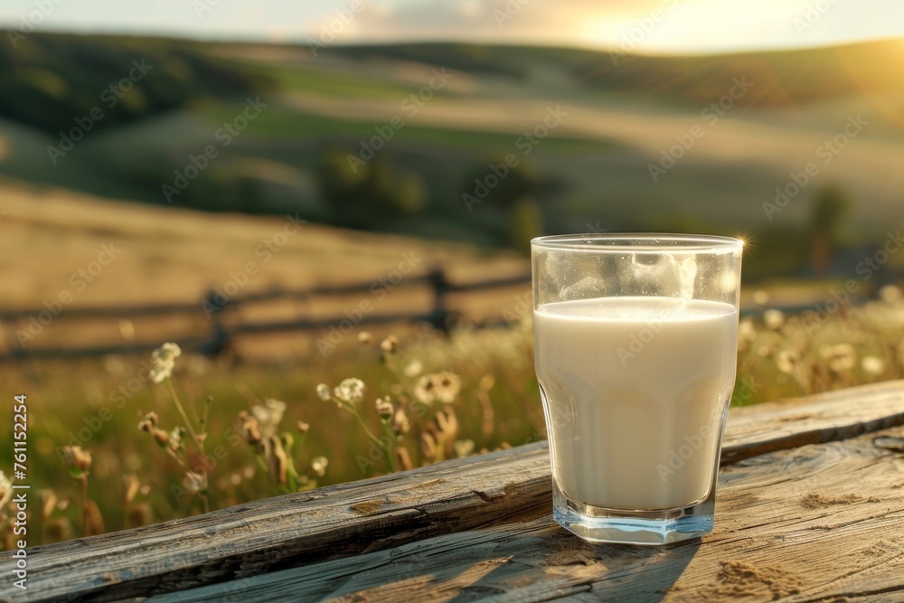 Focus a Milk glass Drink on wooden table with beautiful farm background Focus a Milk glass Drink on wooden table with beautiful farm background