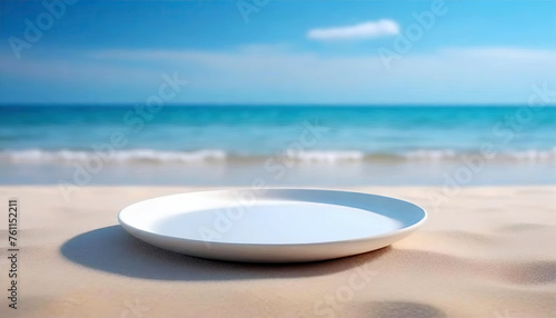 Empty white plate on the sandy beach with sea and blue sky background.