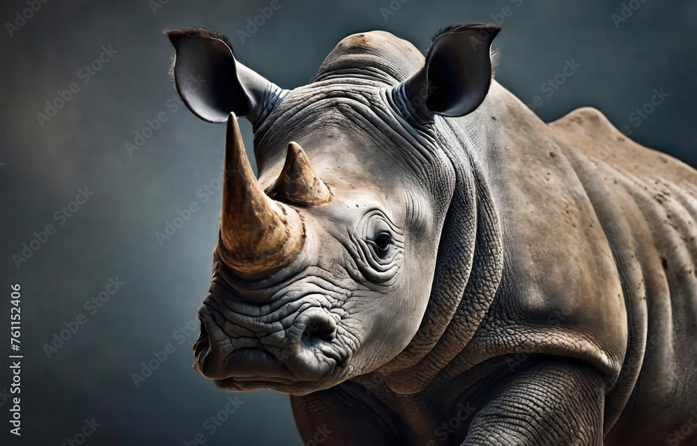 Frontal portrait of a Rhinoceros or Rhino in front of a dark background. Frontal portrait of a Rhinoceros or Rhino in front of a dark background.