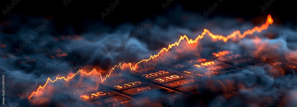 Financial stock market charts with trend lines, blue charts, orange and red lines and arrows, charts showing uptrends, background material for financial newspapers - obrazy, fototapety, plakaty 