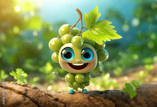 Funny, happy, and cute green grape cartoon character on vineyard background