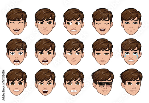 Different emotions male character handsome man emoji with various facial expressions