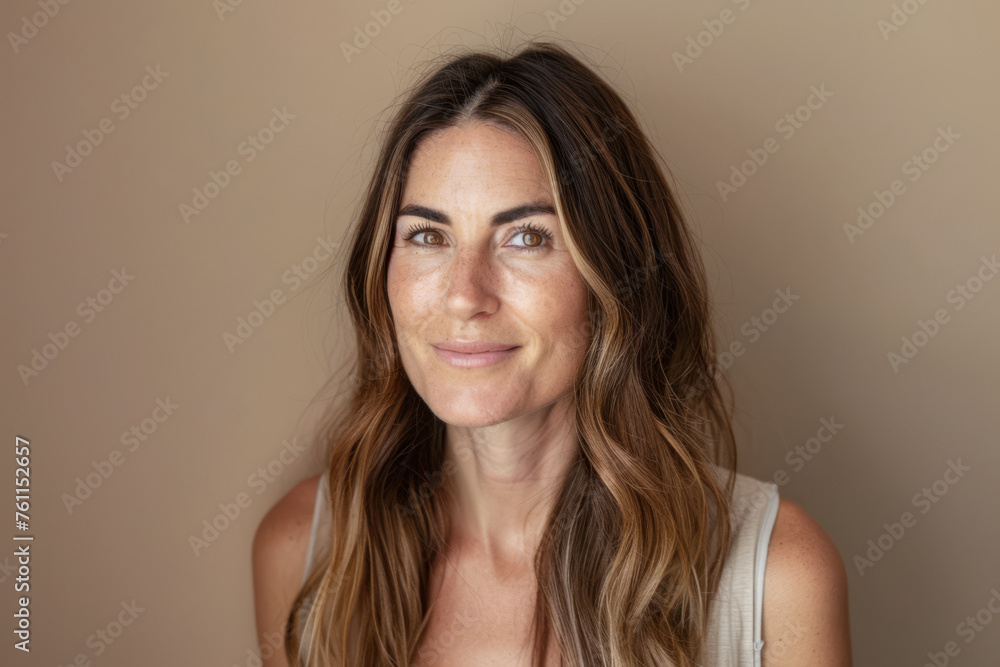 Woman portrait in her mid thirties isolated from a beige copyspace background Woman portrait in her mid thirties isolated from a beige copyspace background