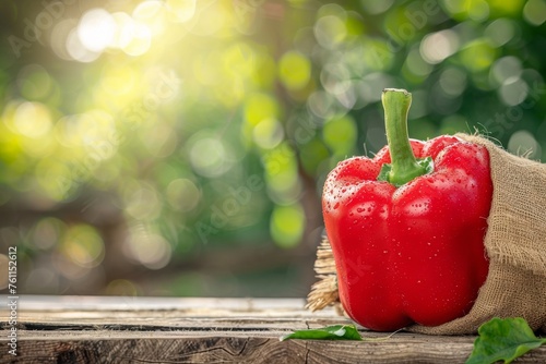 vegetable Focus a Bell pepper in sack back on wooden table with beautiful farm background photo