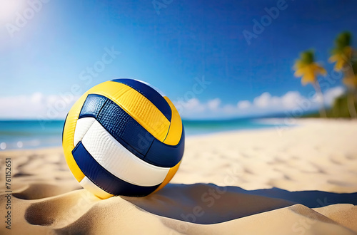 Volleyball ball on the sunny beach with sea or ocean background.