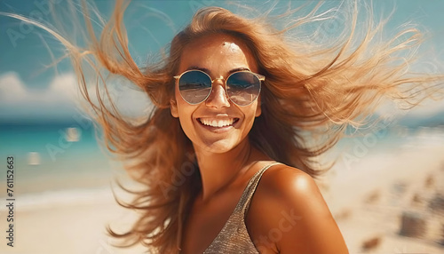 Beach portrait of a young and attractive smiling woman with sunglasses
