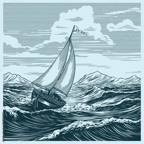 Seascape with a small sailing boat and mountains on the horizon. Strong wind, storm and big waves.