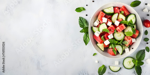 Summery salad ensemble showcasing watermelon mint and cucumber in a sophisticated white bowl set against a white background