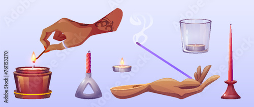 Scented candle and aroma stick in glass holder and women hands for spa aromatherapy. Cartoon vector illustration set of burning and snuffed out flavored wax and incense, hand lights candle with match.