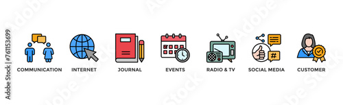 Public relations - pr banner web icon vector illustration concept with icon of communication, internet, journal, events, radio, tv, social media, and customer
