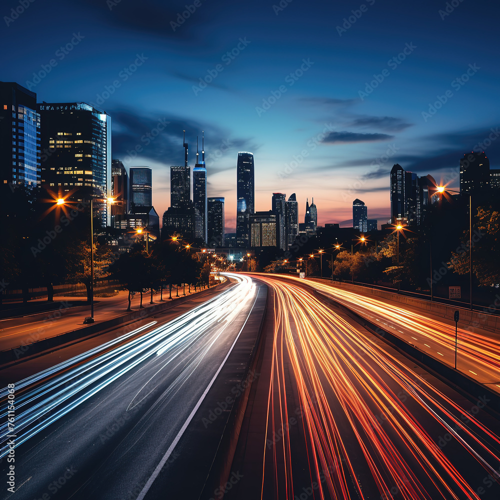 Abstract long exposure dynamic speed light trails in urban and city highway landscape environment with dusk or night time sky line
