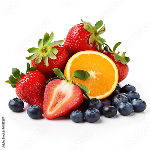 Organic  natural  fresh and healthy assortment of fruit  strawberries  oranges  blueberries on white background 