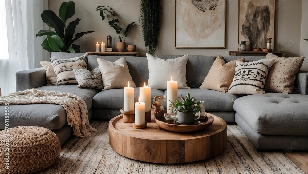 Cozy modern bohemian living room featuring a light gray couch, decorative cushions, a wooden coffee table adorned with candles, and natural decor accents Generative AI