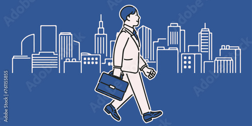 An Asian businessman walks through the business center. Office street and a man with a suitcase in a jacket.