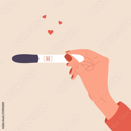 Female hand is holding positive pregnancy or ovulation test. I am pregnant concept. Planning baby and motherhood. Vector illustration in flat cartoon style.