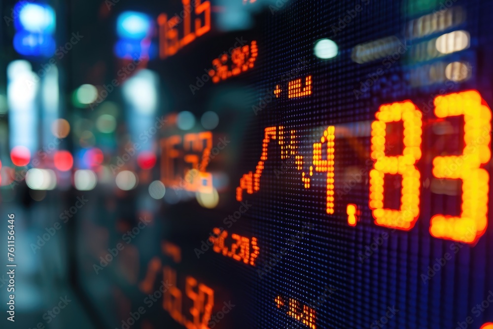 A close up view of a white digital alarm clock displaying the time with red digits, A stock ticker board showing fluctuating values, AI Generated A close up view of a white digital alarm clock displaying the time with red digits, A stock ticker board showing fluctuating values, AI Generated