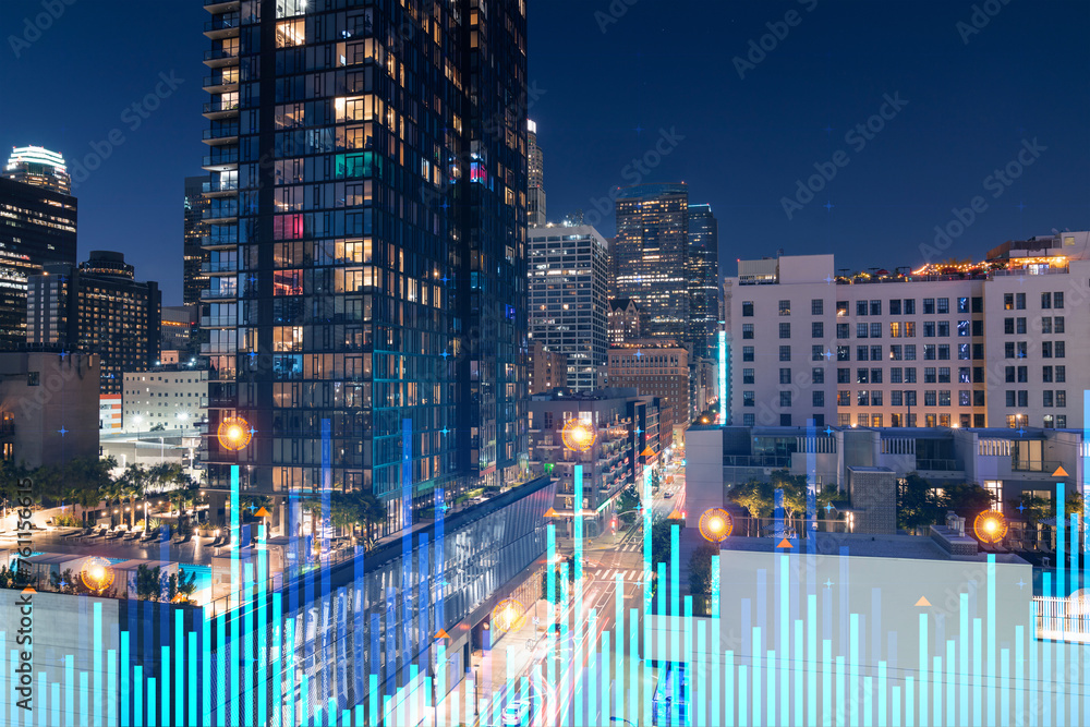 Skyscrapers Cityscape Downtown View, Los Angeles Skyline Buildings. Beautiful Real Estate. Night time. Forex Financial graph and chart hologram. Business education concept. - obrazy, fototapety, plakaty 