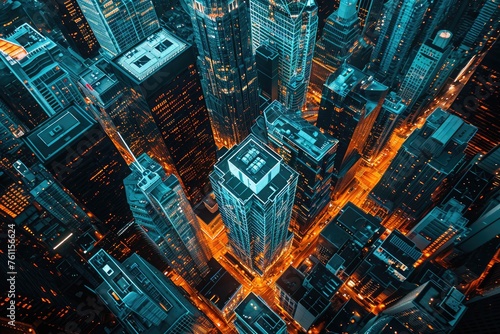 This photo captures the stunning night scene of a city, showcasing brightly illuminated streets and towering skyscrapers, A stunning aerial perspective of a glowing city skyline at dusk, AI Generated