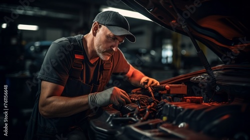 A middle-aged Man, a professional electrical mechanic, checking, repairing a car, a hood in an auto repair shop. Business, Car service, maintenance concepts.