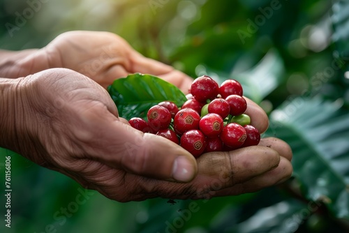 Farmer Inspecting Fresh Coffee Cherries for Ripeness