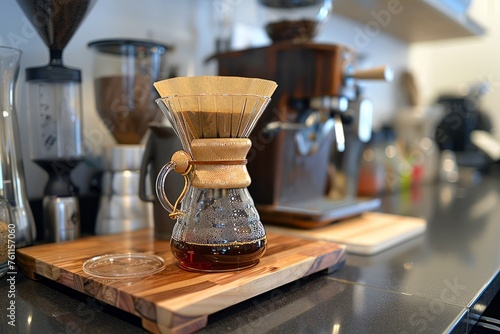 Sleek Glass Chemex Coffee Brewing on Wooden Counter