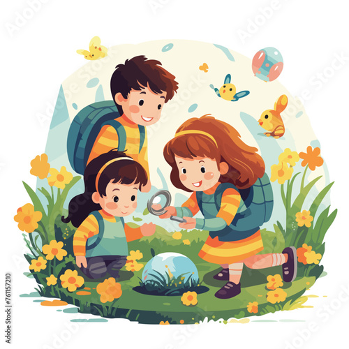 A joyful Easter egg hunt illustration with children