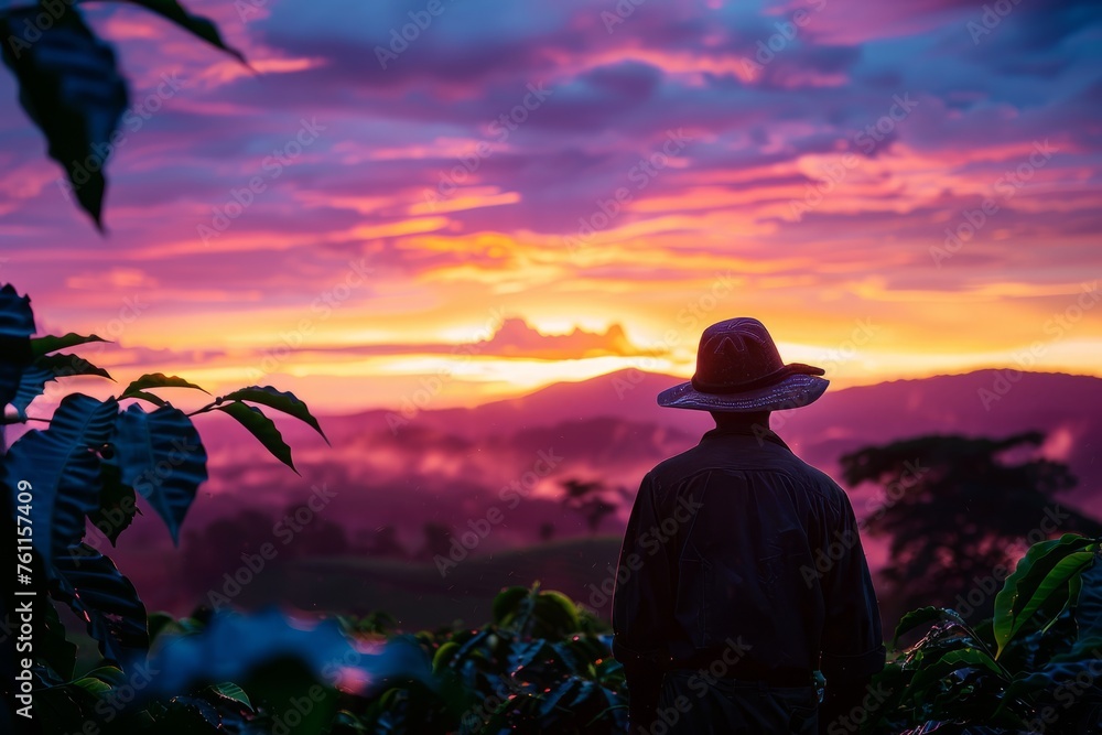 Dramatic Sunrise and Coffee Harvester's Silhouette, Rural Landscape