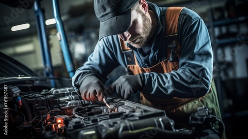 A professional electrical mechanic man in uniform, checking, repairing a car, a hood in an auto repair shop. Business, Car service, maintenance concepts. © liliyabatyrova