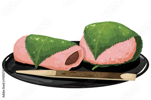 お盆にのせた桜餅　2種類　菓子切つき