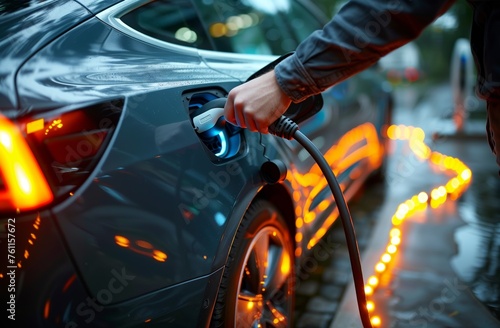 Person Plugging Charger into Electric Car. Close-up of a hand plugging in a charger to a dark-colored electric car at an illuminated charging station in the evening. © Old Man Stocker