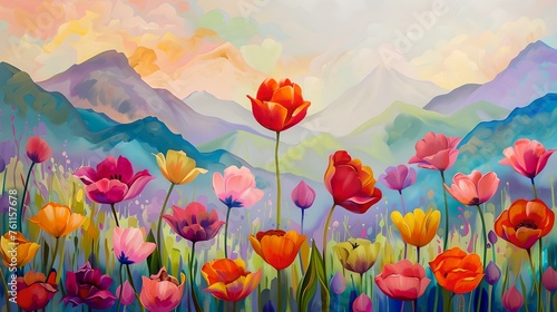 Vibrant tulips bloom against a backdrop of majestic mountains. colorful, serene nature scene for wall art. ideal for decoration and design. AI